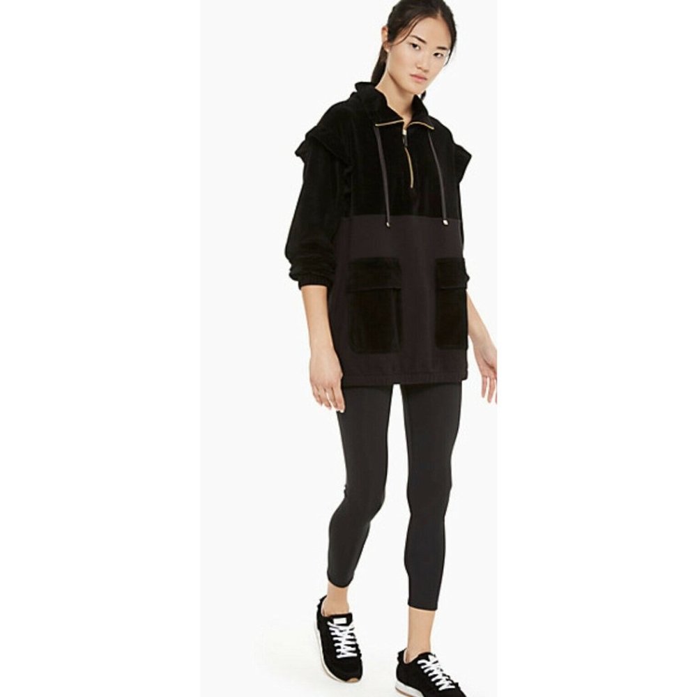 Kate Spade Women's Sz M Velour Ruffle 1/4 Zip Pullover Sweater Pockets Black